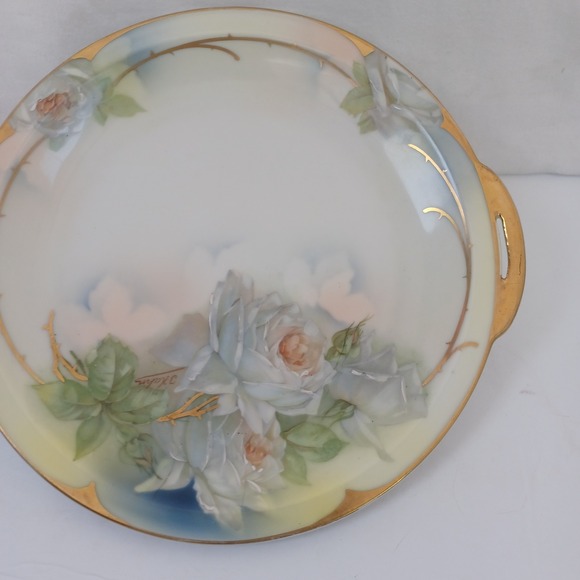 Royal Rudolstadt Hand Painted Prussia Plate White Roses Gold Trim Handles - Picture 12 of 13
